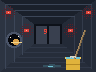 A starship corridor lit by red alarm lights, a porthole with a ringed planet, and a mop in a yellow bucket.