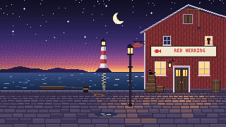 Red Herring's red wooden warehouse on a cobbled quay at dusk. Lamplight spills from the windows and the double door, a black cat sits on the crates, and a lighthouse stands out at sea.