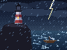 A dark lighthouse on a cliff in a storm, lightning over the sea, and a rowing boat on the waves.