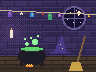 A wizard's tower room: a bubbling green cauldron, a pointed hat, a broom, and tiny robes drying on a line under a round starry window.