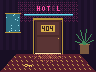 A hotel hallway under a pink neon sign with one dead letter, a door marked 404 with light under it, and a key on the carpet.