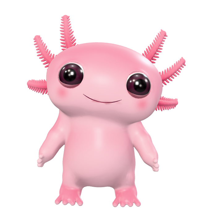 Gilly, a pink cartoon axolotl